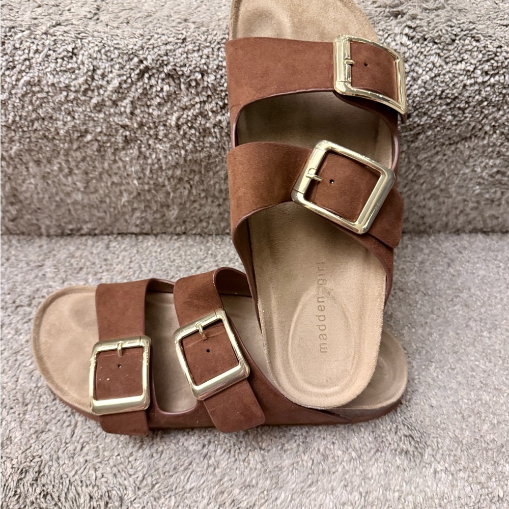 Madden Girl Tan Sandals with Gold Accents